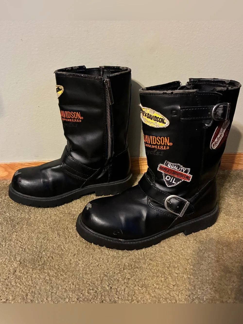 Harley-Davidson Black Motorcycle Riding Boots Youth Size 2 Logo Biker Accents